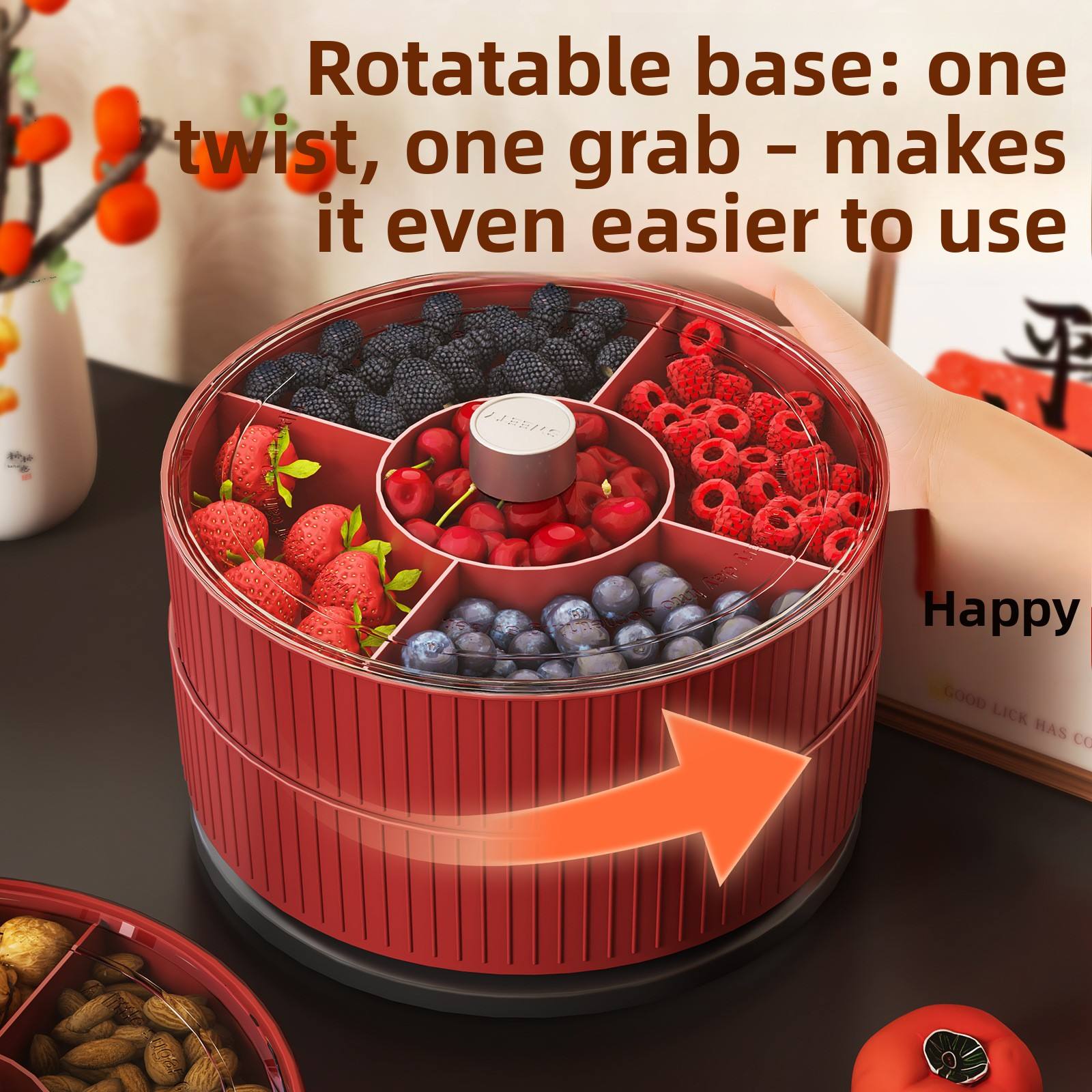Chinese-Style Divided Snack Tray - Round Plastic Serving Platter for Nuts, Fruit & Candy