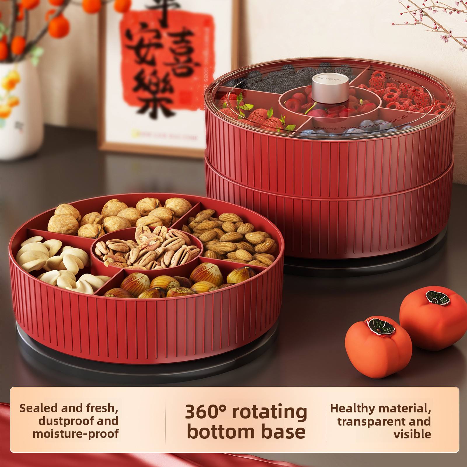 Chinese-Style Divided Snack Tray - Round Plastic Serving Platter for Nuts, Fruit & Candy