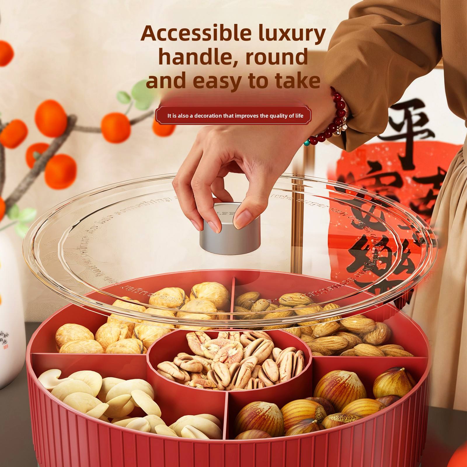 Chinese-Style Divided Snack Tray - Round Plastic Serving Platter for Nuts, Fruit & Candy