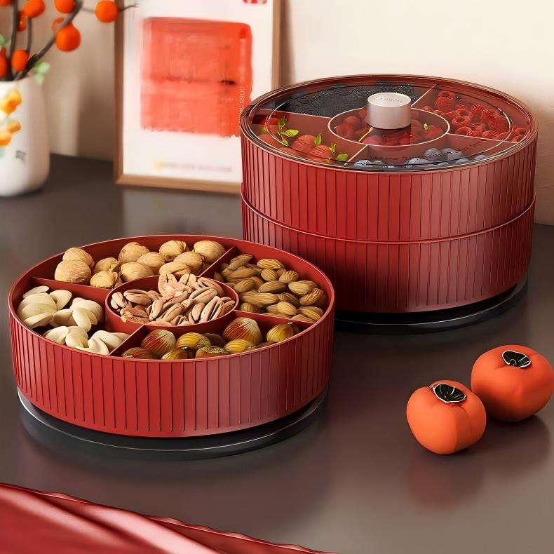 Chinese-Style Divided Snack Tray - Round Plastic Serving Platter for Nuts, Fruit & Candy