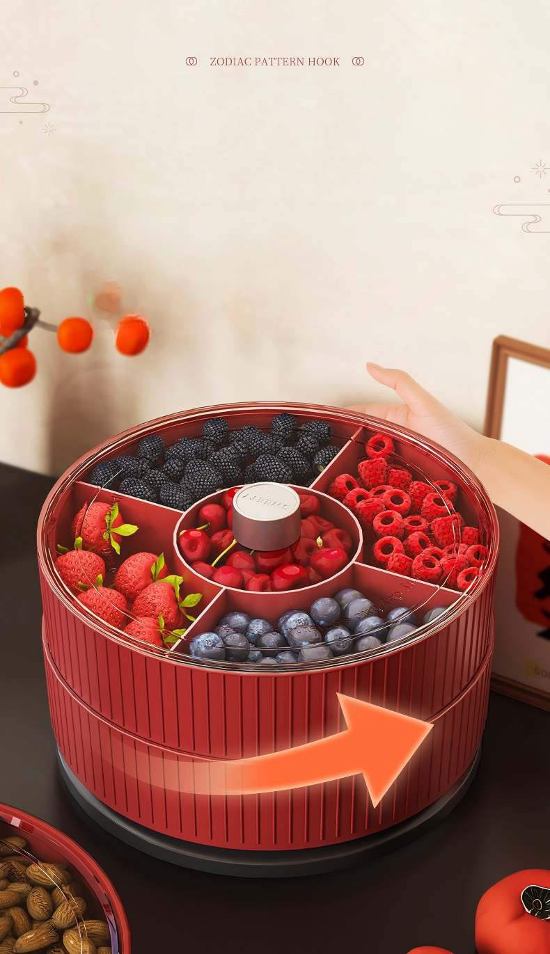 Chinese-Style Divided Snack Tray - Round Plastic Serving Platter for Nuts, Fruit & Candy