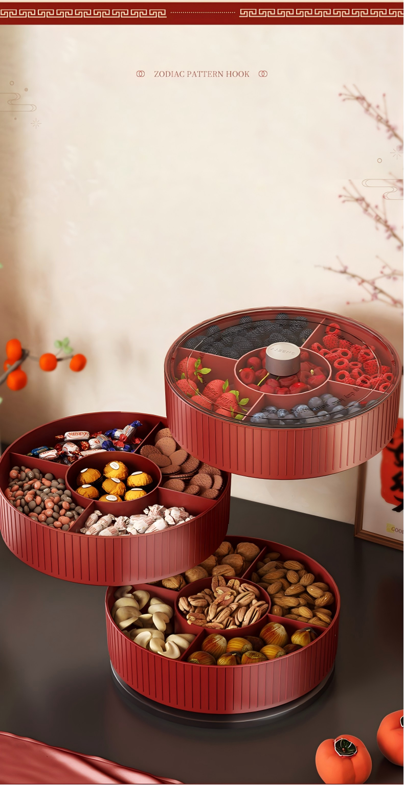 Chinese-Style Divided Snack Tray - Round Plastic Serving Platter for Nuts, Fruit & Candy