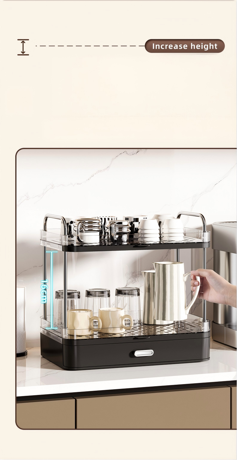 2-Tier Cup Holder Rack with Drainage - Transparent Freestanding Mug & Cup Organizer