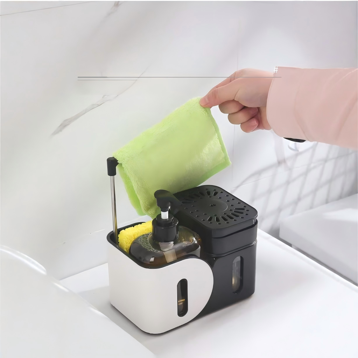 Multifunctional Standing Kitchen Soap Dispenser with Manual Pump & Cloth Rack