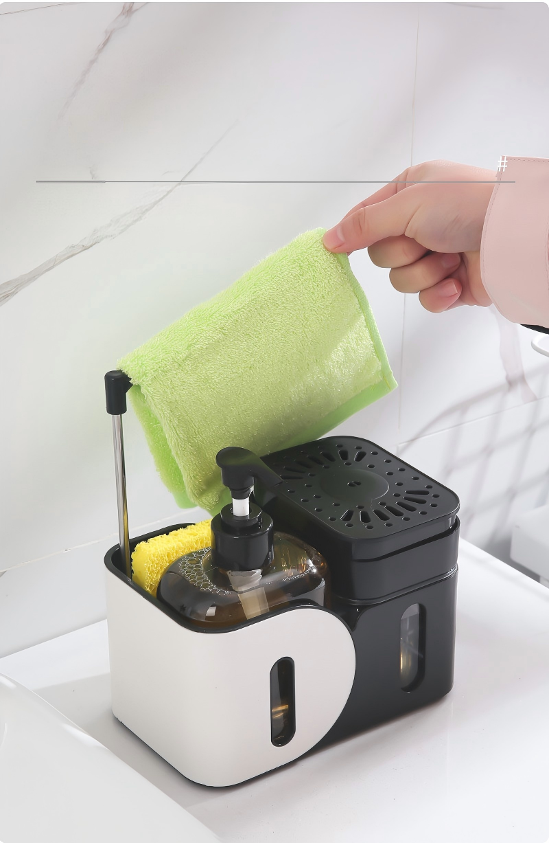 Multifunctional Standing Kitchen Soap Dispenser with Manual Pump & Cloth Rack