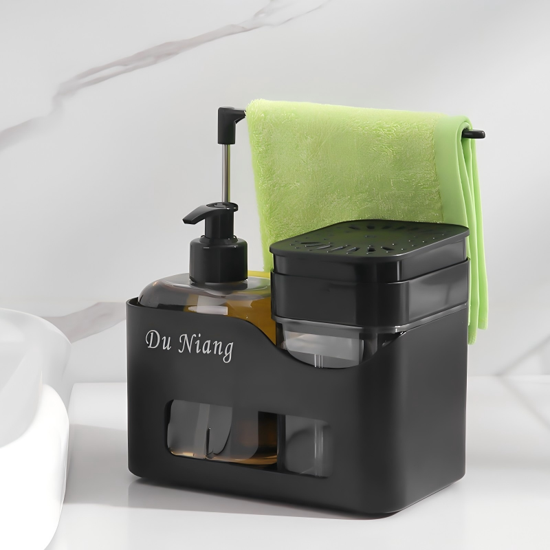 ABS Soap Dispenser with Towel Rack - Push-Pump Kitchen & Bathroom Organizer (Black / White)