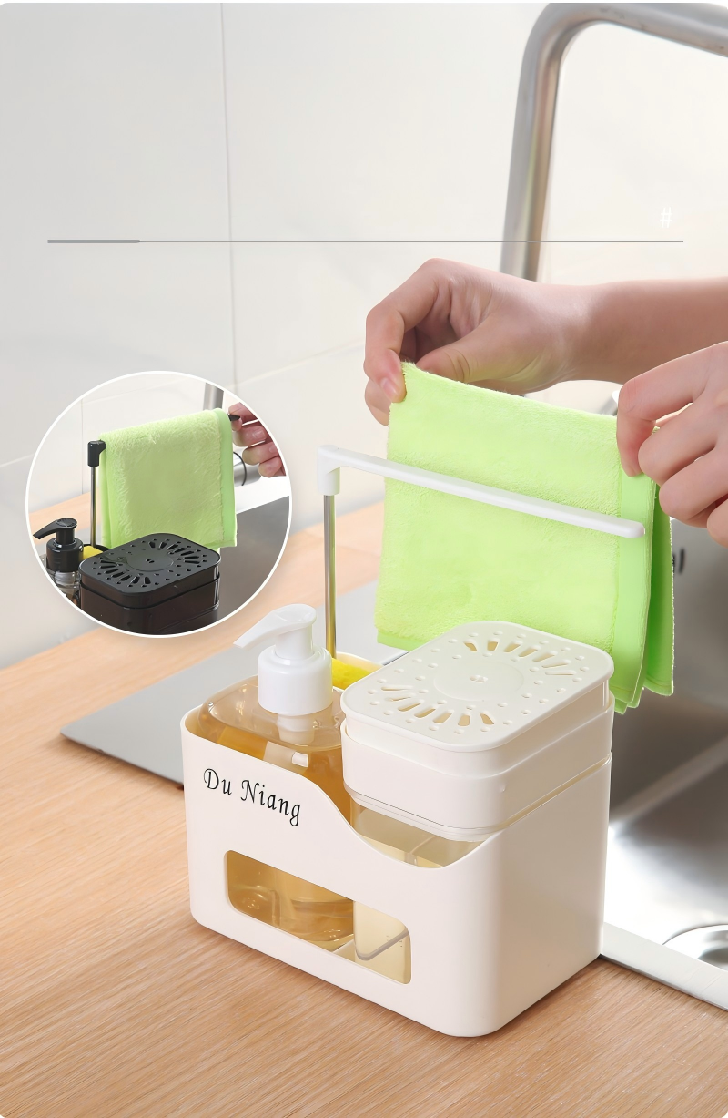 ABS Soap Dispenser with Towel Rack - Push-Pump Kitchen & Bathroom Organizer (Black / White)