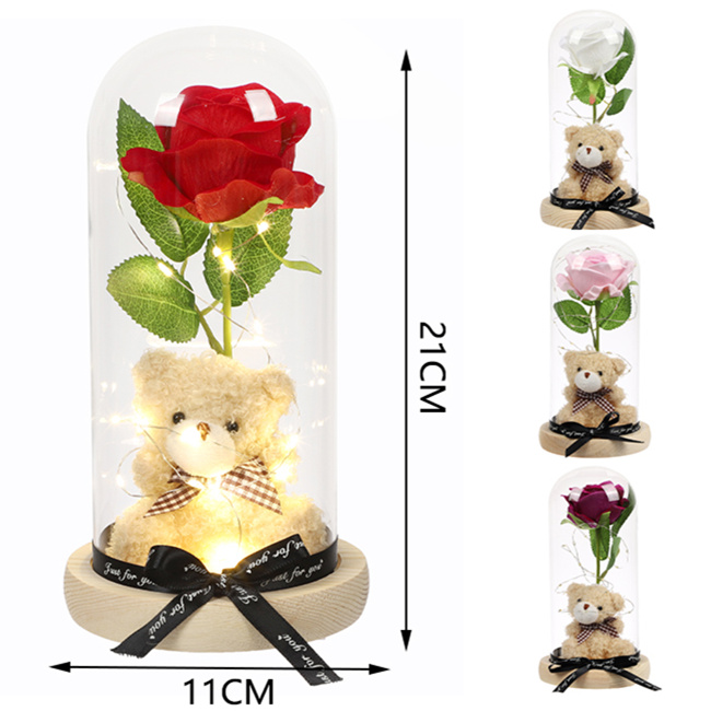 Artificial Rose Bear Bouquet in Glass Dome Gift Box - Handmade Gift for Valentines, Weddings & Anniversaries