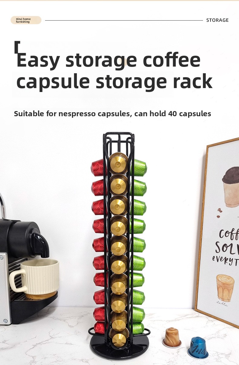 Rotating Coffee Capsule Holder - Iron Carousel Rack for 40 Nespresso Capsules (Bar, Cafe & Home)