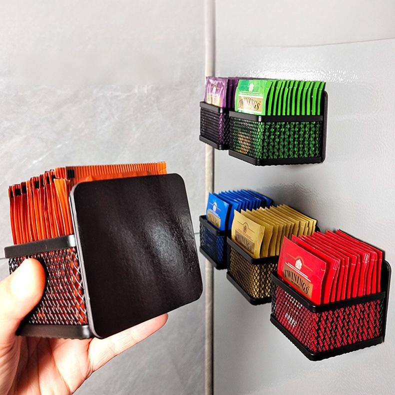 Magnetic Wrought Iron Tea Bag Holder - 7.3 x 7.3 x 7 cm Open Basket for 6 Tea Bags