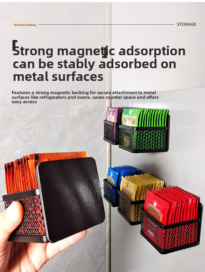 Magnetic Wrought Iron Tea Bag Holder - 7.3 x 7.3 x 7 cm Open Basket for 6 Tea Bags