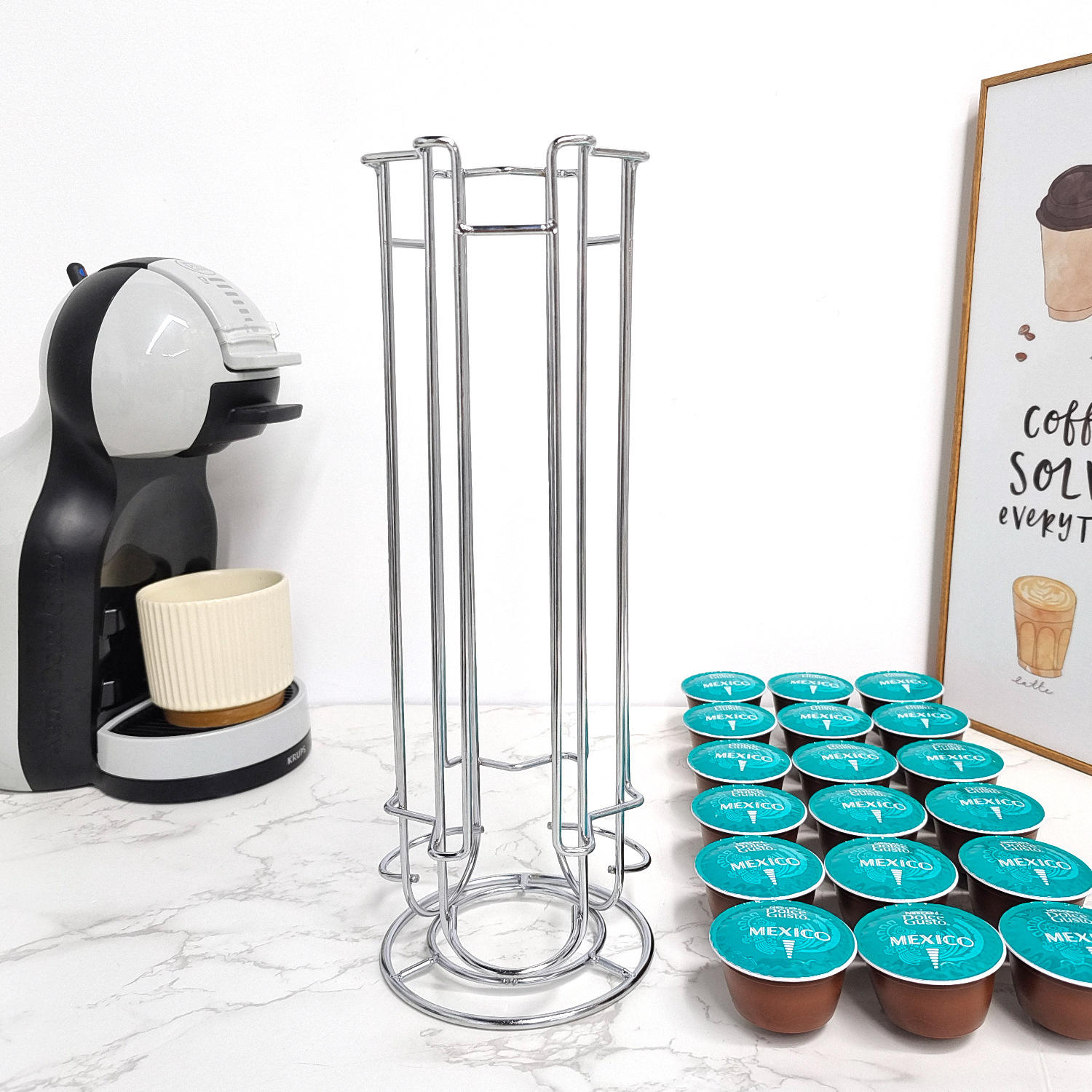 Rotating Iron Coffee Capsule Holder - 24-Capsule Carousel Rack for Dolce Gusto