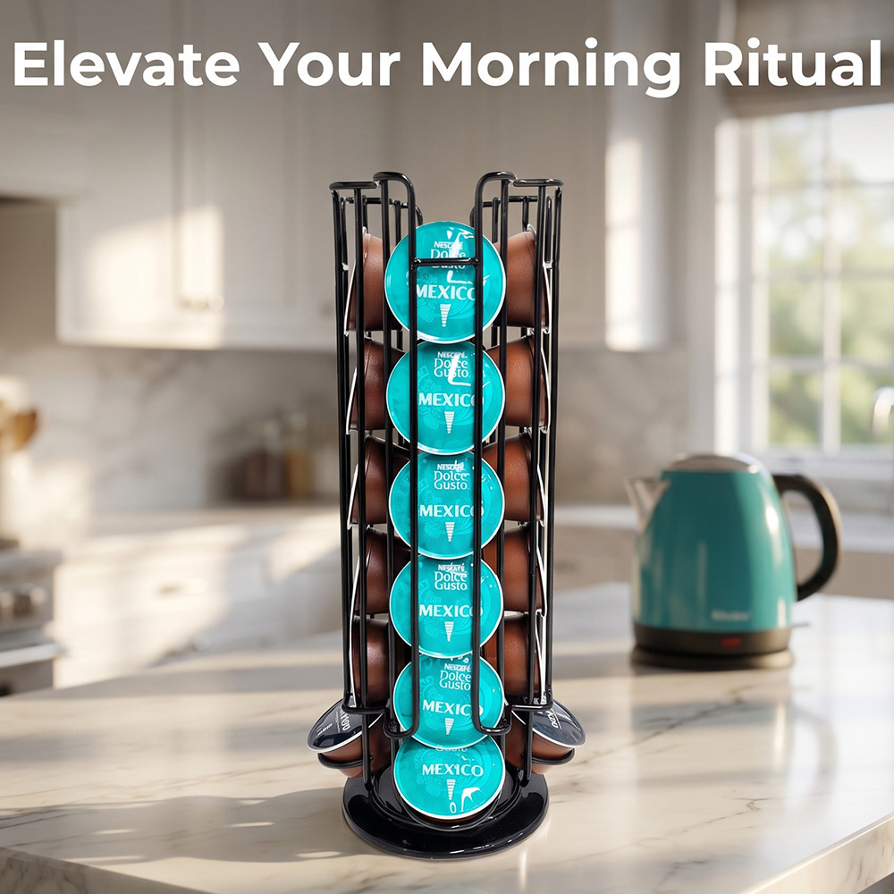 Rotating Iron Coffee Capsule Holder - 24-Capsule Carousel Rack for Dolce Gusto