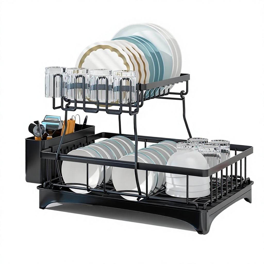 2-Tier Foldable Carbon Steel Dish Drying Rack - Detachable Standing Kitchen Organizer