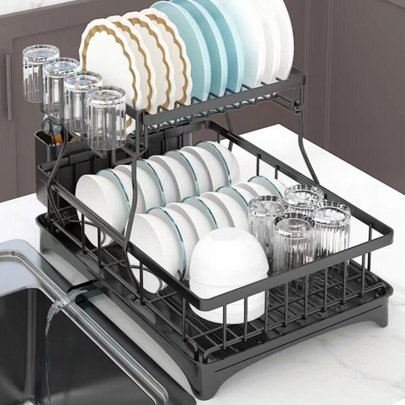 2-Tier Foldable Carbon Steel Dish Drying Rack - Detachable Standing Kitchen Organizer