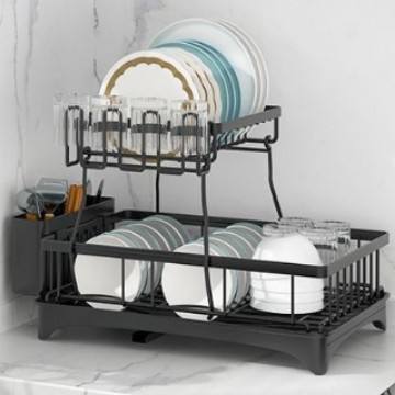 2-Tier Foldable Carbon Steel Dish Drying Rack - Detachable Standing Kitchen Organizer