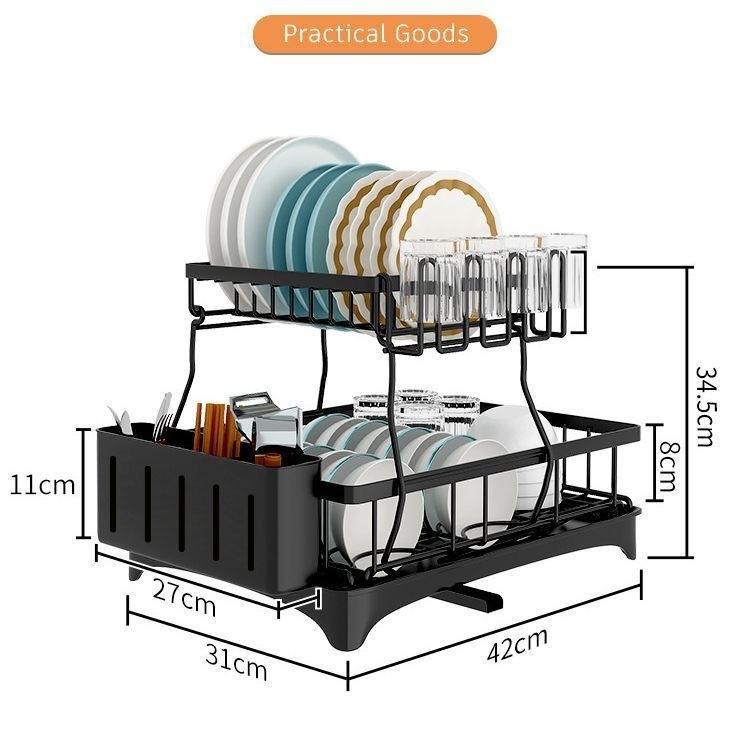 2-Tier Foldable Carbon Steel Dish Drying Rack - Detachable Standing Kitchen Organizer