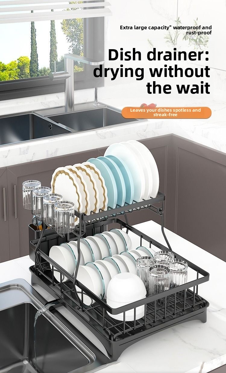 2-Tier Foldable Carbon Steel Dish Drying Rack - Detachable Standing Kitchen Organizer