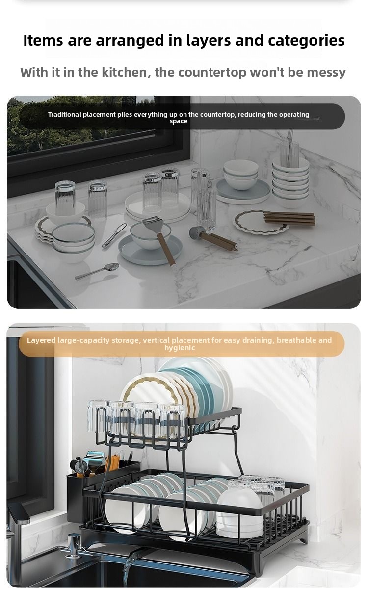 2-Tier Foldable Carbon Steel Dish Drying Rack - Detachable Standing Kitchen Organizer