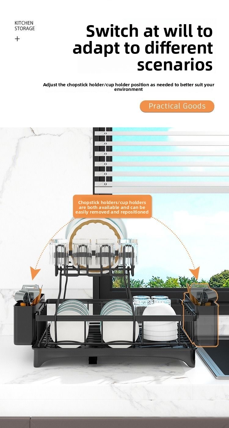 2-Tier Foldable Carbon Steel Dish Drying Rack - Detachable Standing Kitchen Organizer