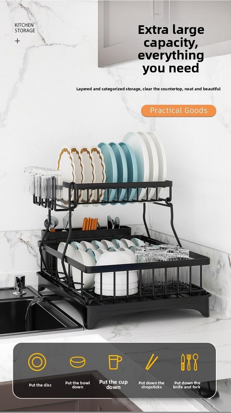 2-Tier Foldable Carbon Steel Dish Drying Rack - Detachable Standing Kitchen Organizer