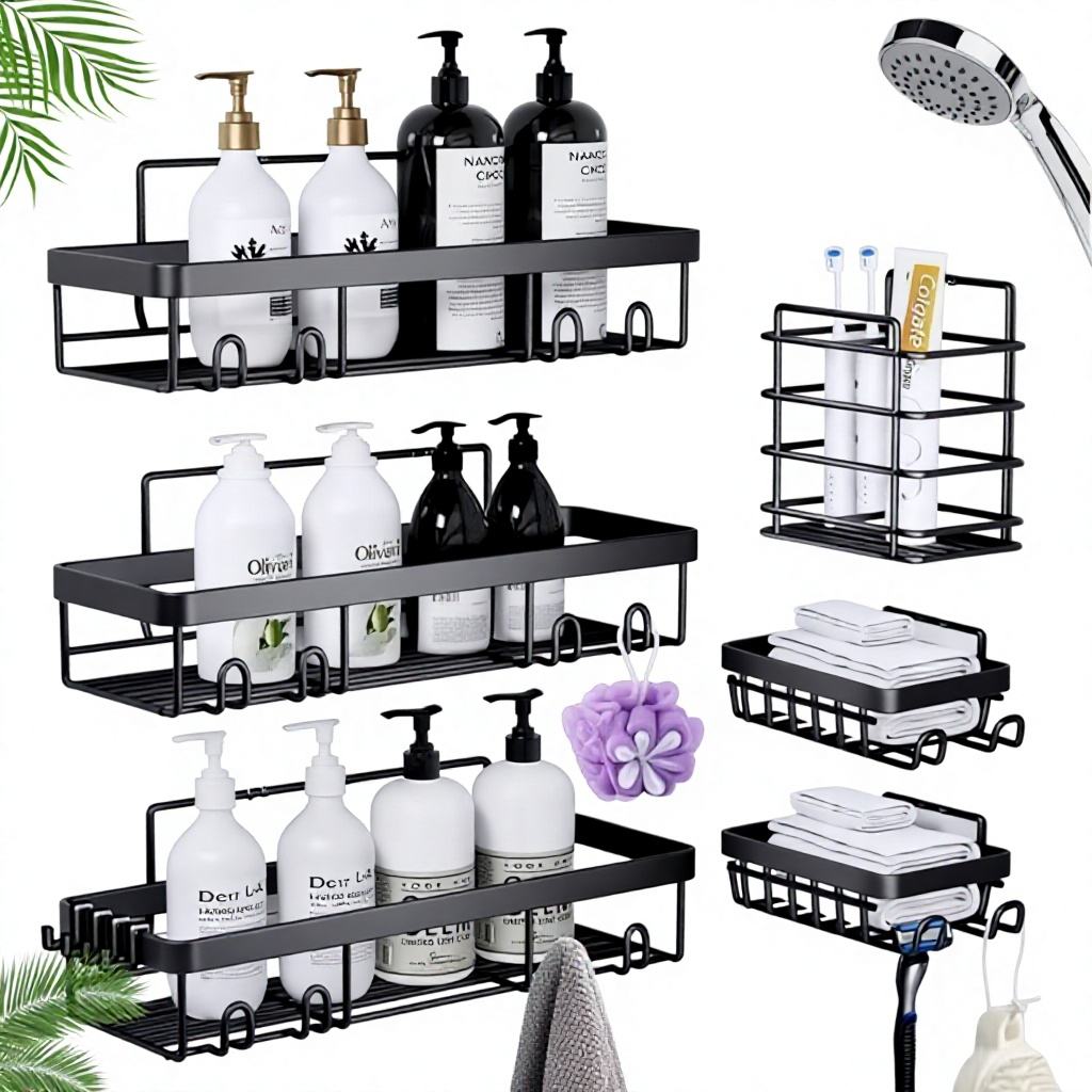 No-Drill Wall-Mounted Bathroom Rack - Rectangular Metal Shelf with Guardrail
