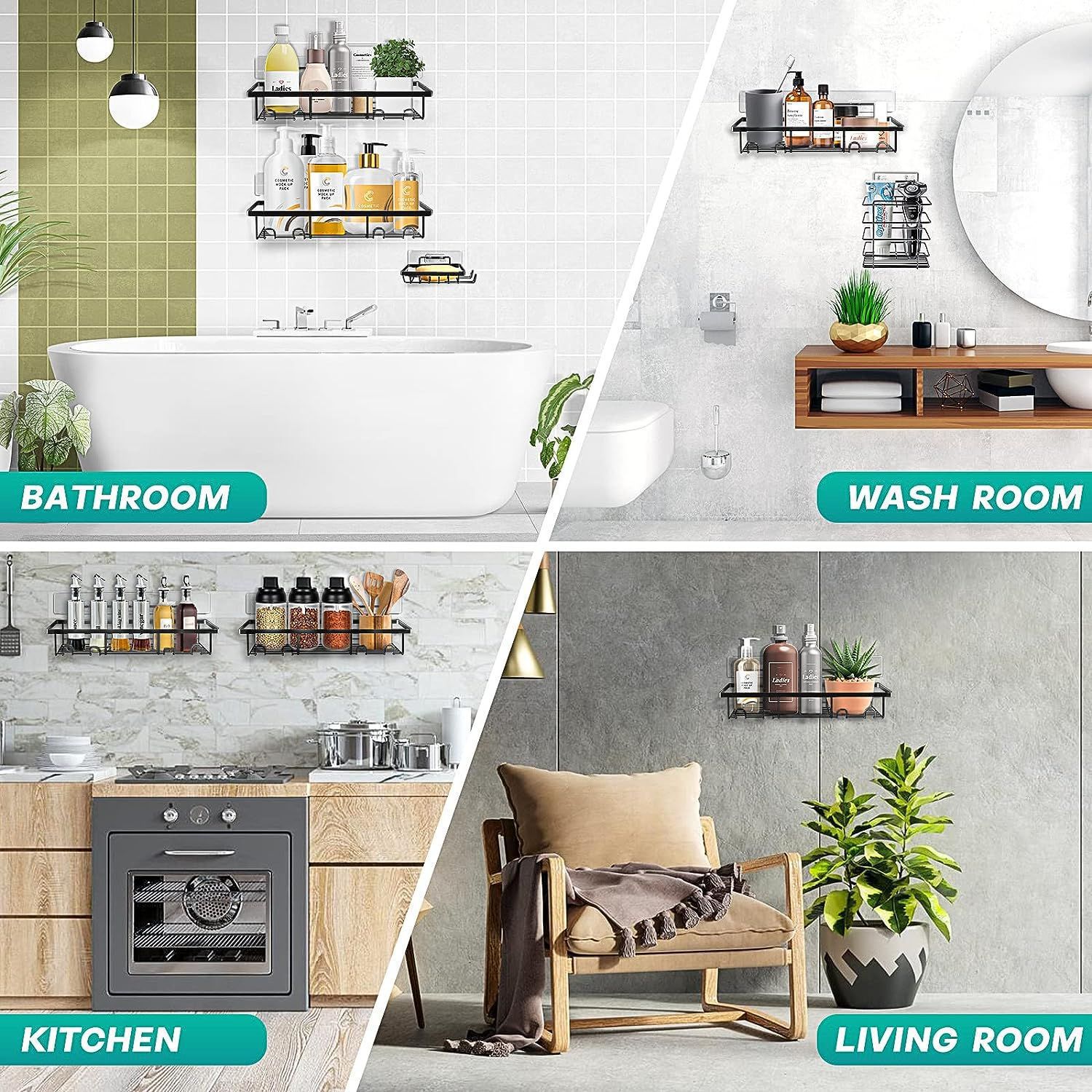 No-Drill Wall-Mounted Bathroom Rack - Rectangular Metal Shelf with Guardrail