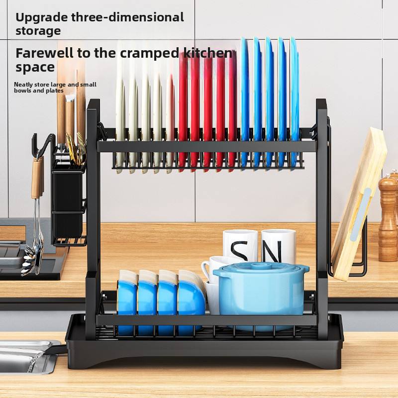 2-Tier Foldable Carbon Steel Dish Rack with Utensil Holder - Kitchen Countertop Drainer