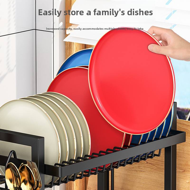 2-Tier Foldable Carbon Steel Dish Rack with Utensil Holder - Kitchen Countertop Drainer