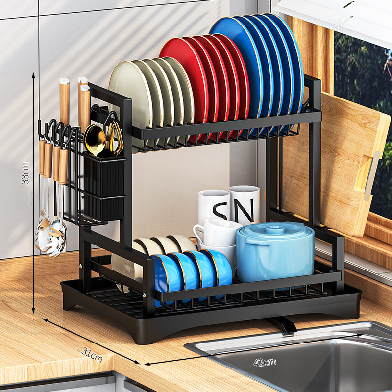 2-Tier Foldable Carbon Steel Dish Rack with Utensil Holder - Kitchen Countertop Drainer