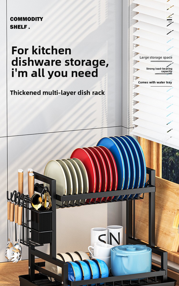 2-Tier Foldable Carbon Steel Dish Rack with Utensil Holder - Kitchen Countertop Drainer
