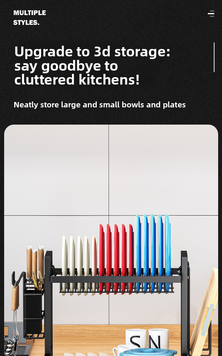 2-Tier Foldable Carbon Steel Dish Rack with Utensil Holder - Kitchen Countertop Drainer