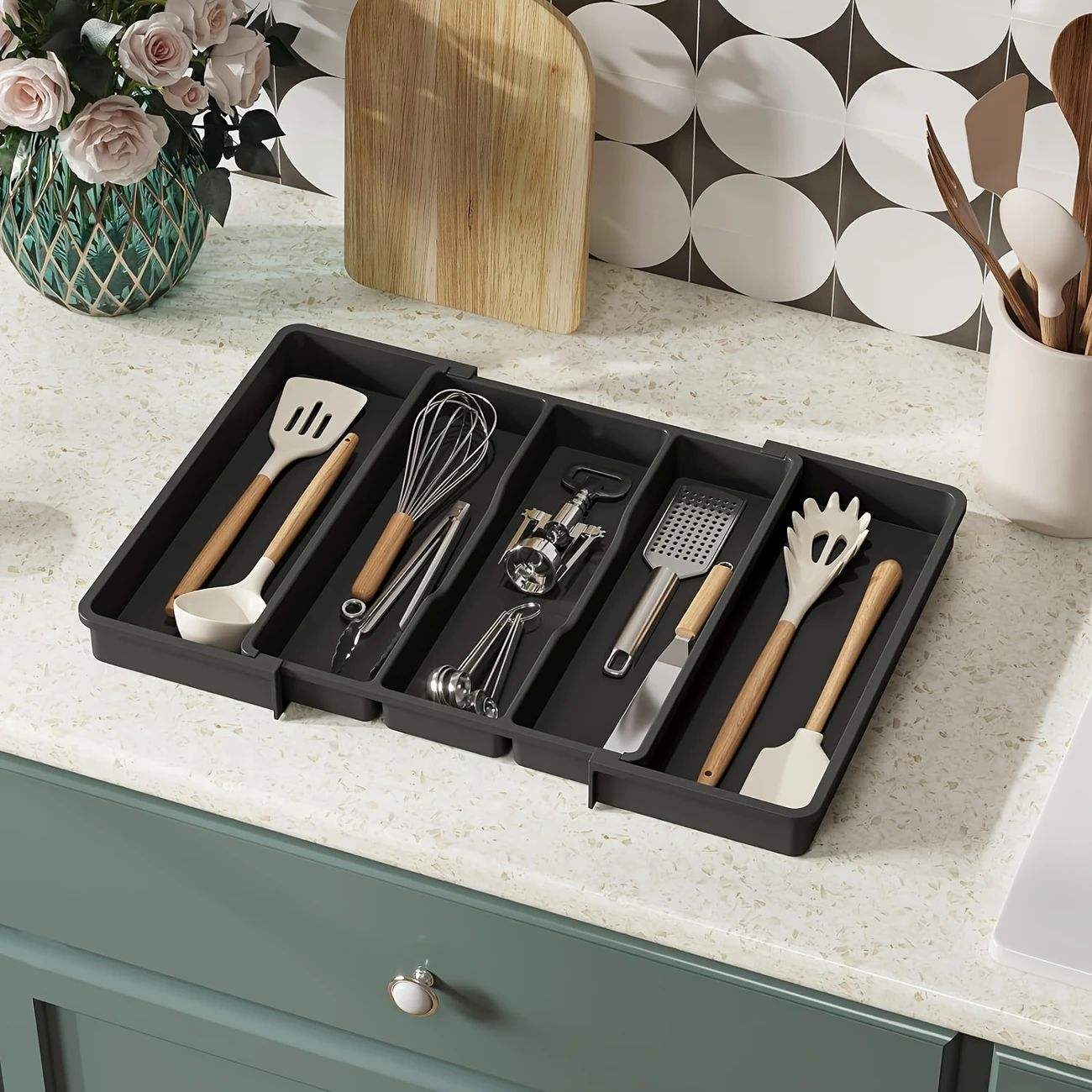 Foldable Kitchen Drawer Organizer - Plastic Utensil Storage Tray (39 x 36 x 6 cm)