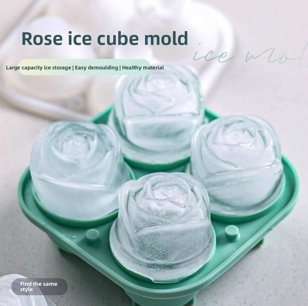 Rose-Shaped Silicone Ice Cube Mold - 4-Cavity Food-Grade Ice Tray for Whiskey