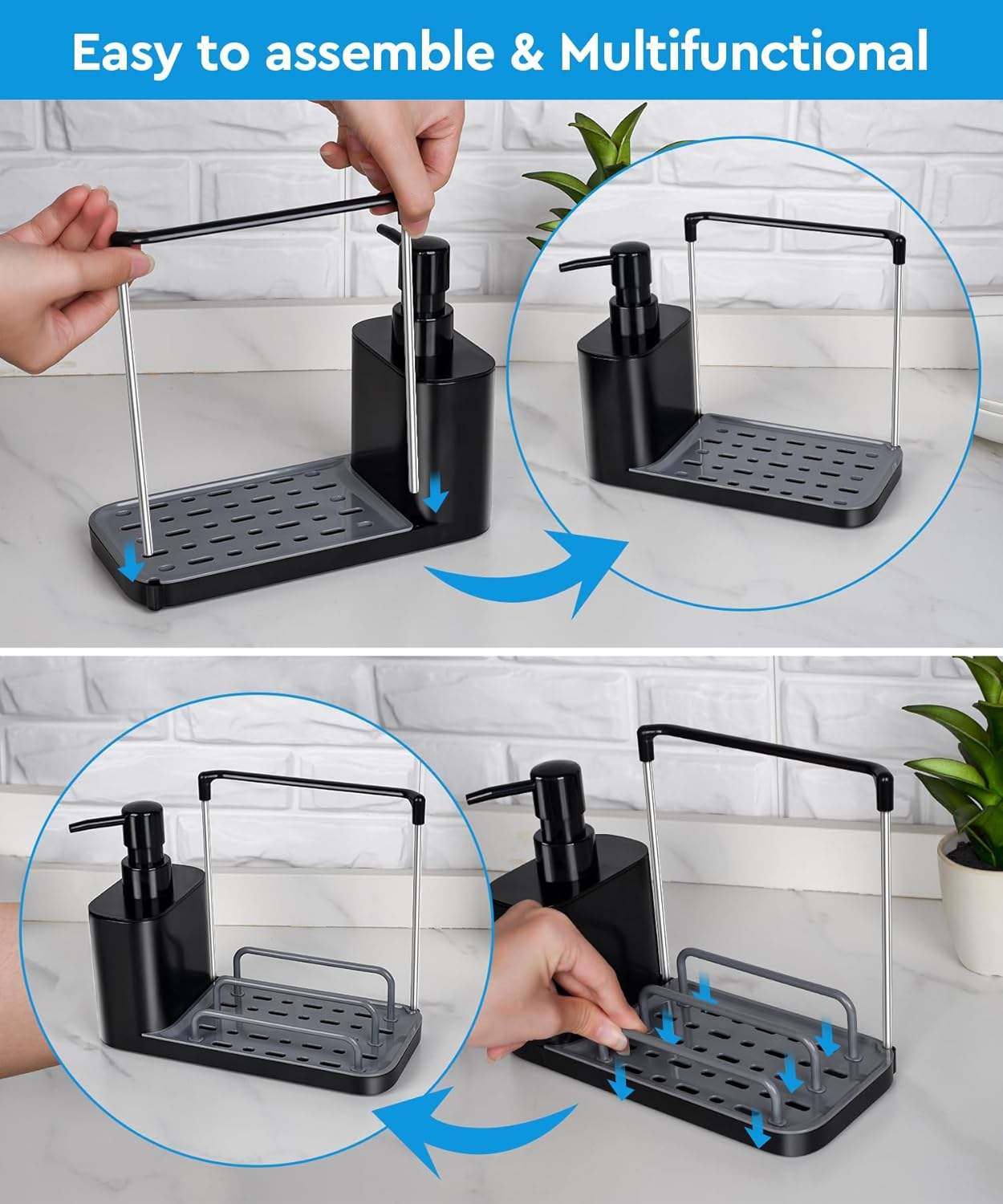 Manual Dish Soap Dispenser Set - 5-in-1 Kitchen Sink Station with Sponge & Brush Holder