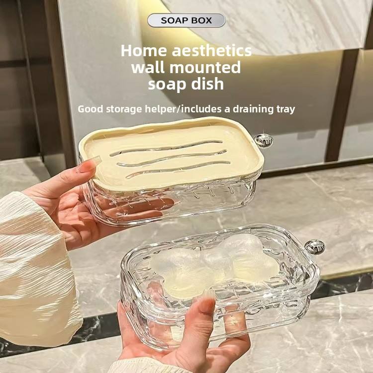 Water-Ripple Wall-Mounted Soap Dish - No-Drill Double-Layer Soap Holder with Lid