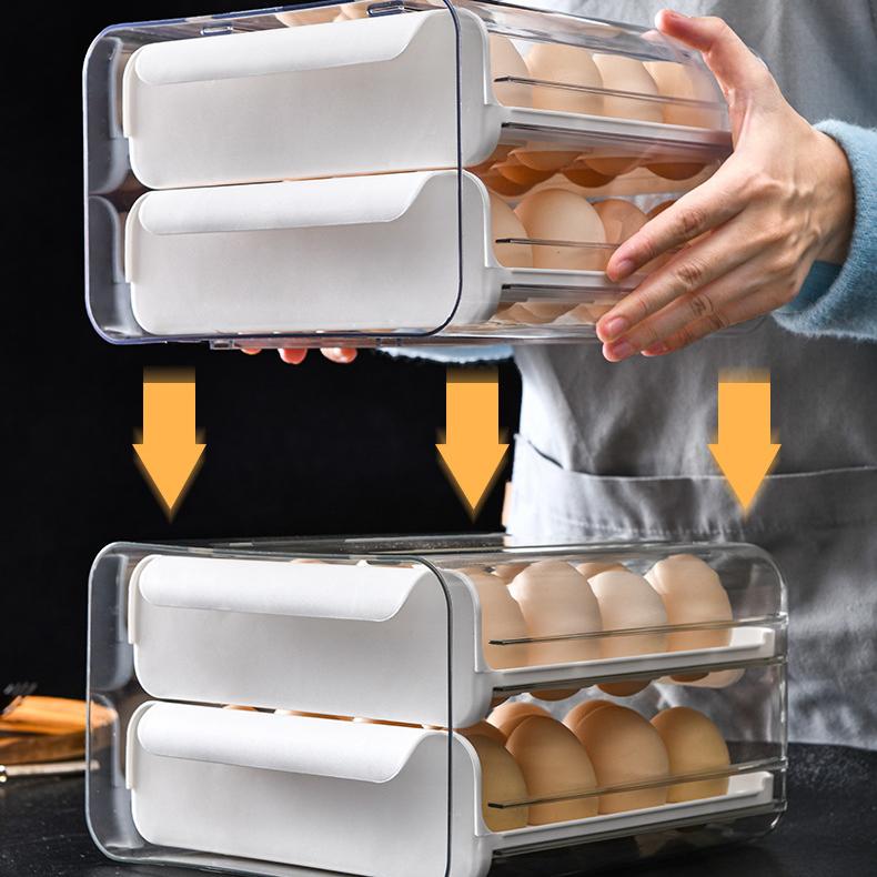 Double-Layer Drawer Egg Storage Box - Stackable PET Fridge Egg Container