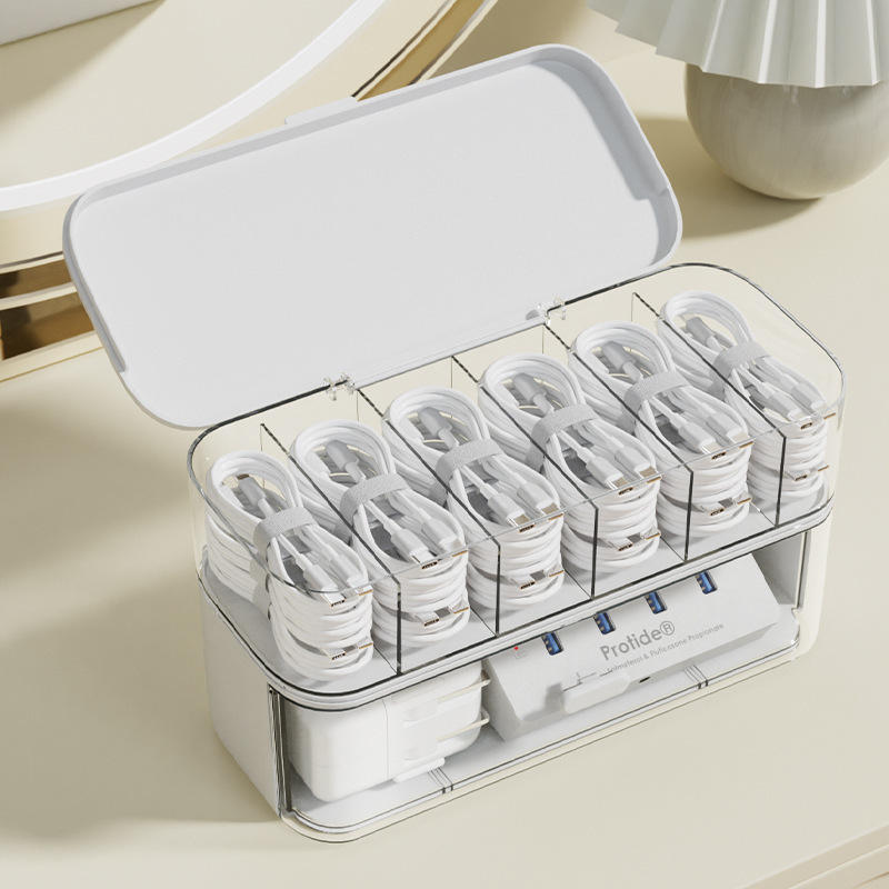 Stackable Cable Organizer Box with Dividers - PP Wire Storage Case for Home Office