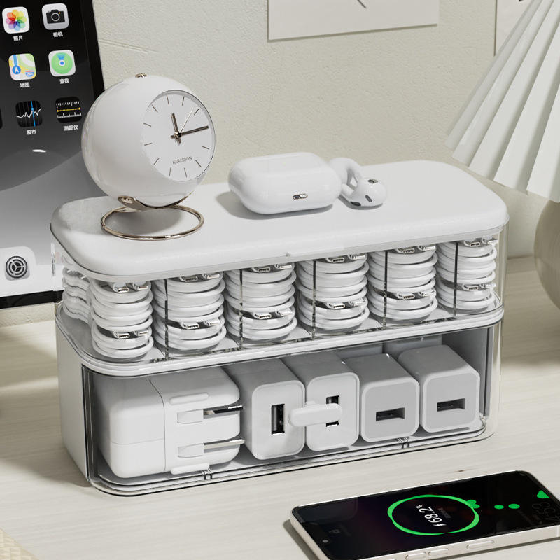 Stackable Cable Organizer Box with Dividers - PP Wire Storage Case for Home Office