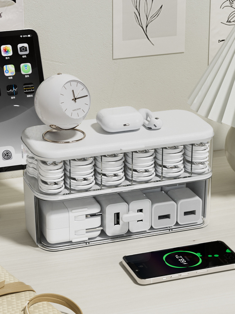Stackable Cable Organizer Box with Dividers - PP Wire Storage Case for Home Office