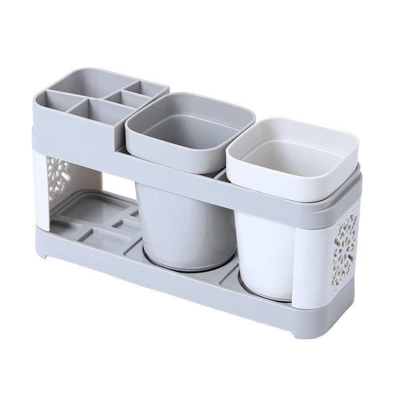 No-Drill Toothbrush Holder with 2 Cups - Plastic Bathroom Wall Organizer