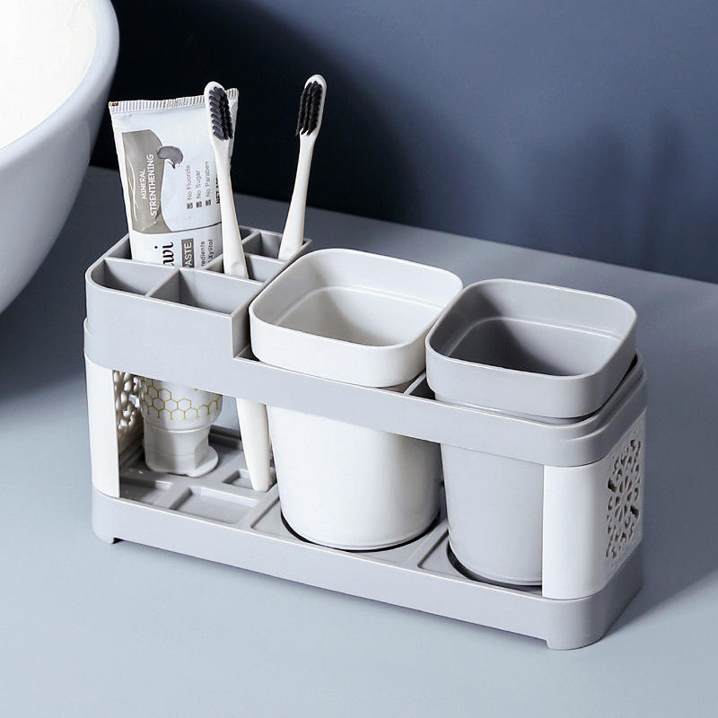 No-Drill Toothbrush Holder with 2 Cups - Plastic Bathroom Wall Organizer