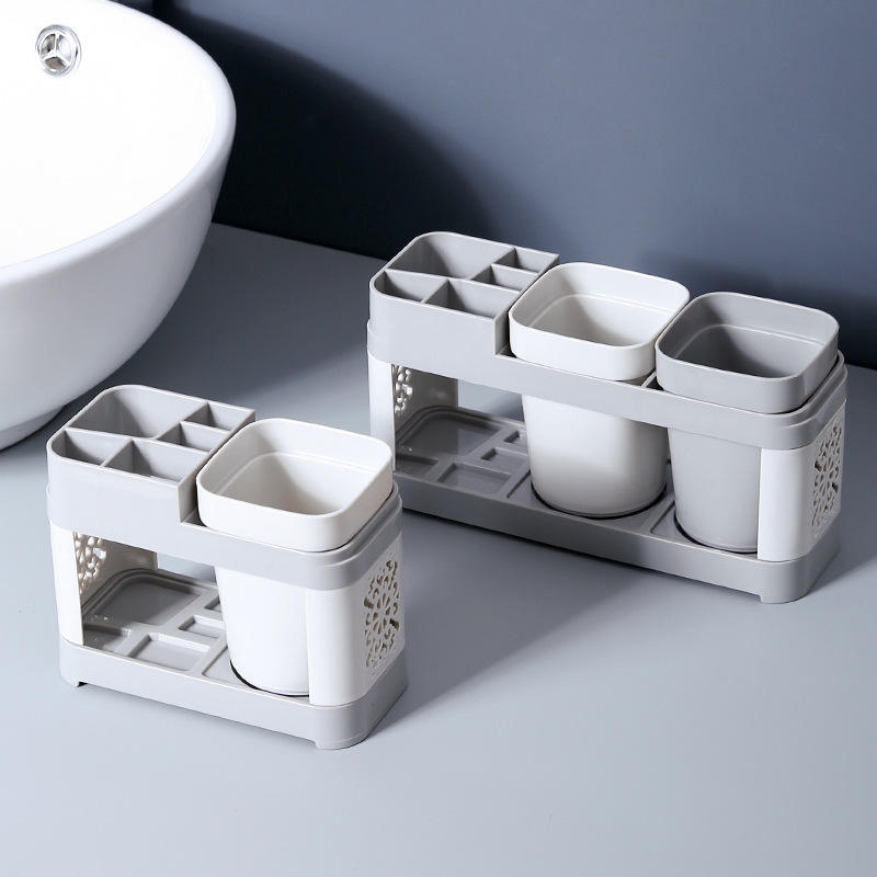 No-Drill Toothbrush Holder with 2 Cups - Plastic Bathroom Wall Organizer