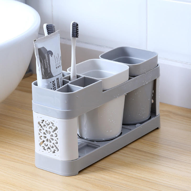 No-Drill Toothbrush Holder with 2 Cups - Plastic Bathroom Wall Organizer