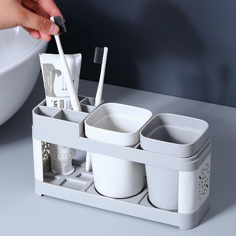 No-Drill Toothbrush Holder with 2 Cups - Plastic Bathroom Wall Organizer