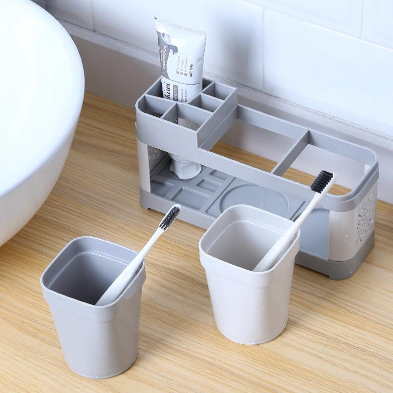 No-Drill Toothbrush Holder with 2 Cups - Plastic Bathroom Wall Organizer