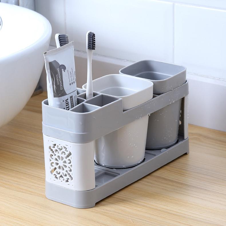 No-Drill Toothbrush Holder with 2 Cups - Plastic Bathroom Wall Organizer
