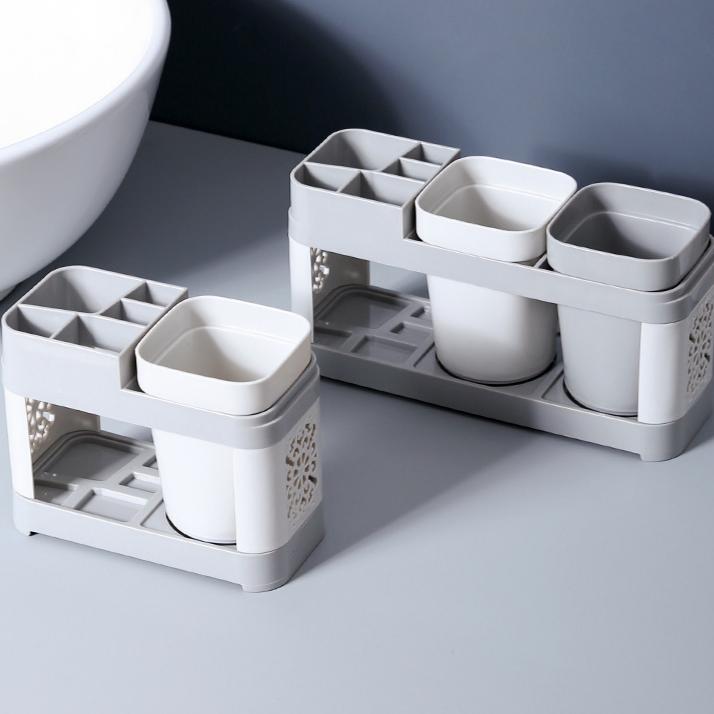 No-Drill Toothbrush Holder with 2 Cups - Plastic Bathroom Wall Organizer
