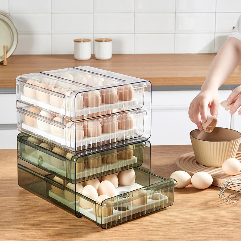 Egg Storage Box - Transparent PET Double-Layer Pull-Out Fridge Drawer Container