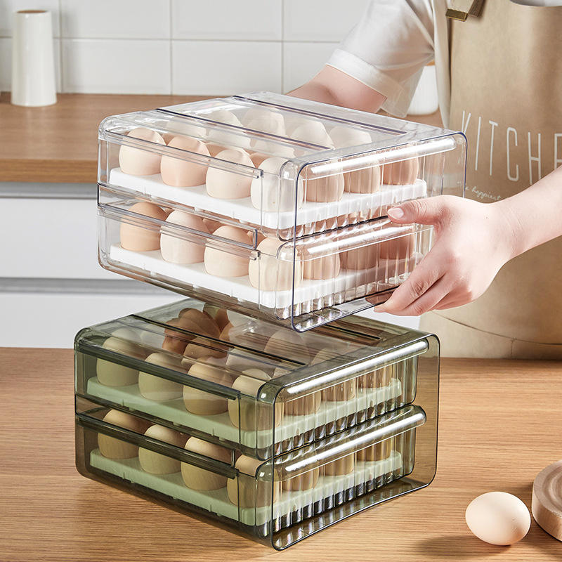 Egg Storage Box - Transparent PET Double-Layer Pull-Out Fridge Drawer Container